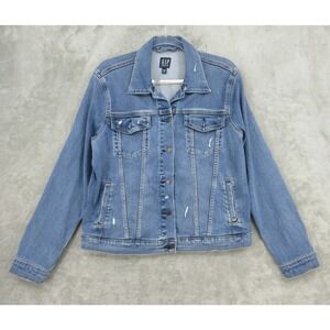 Gap Jean Jacket Womens Size L Stretch Denim Trucker Pockets Medium Wash Blue